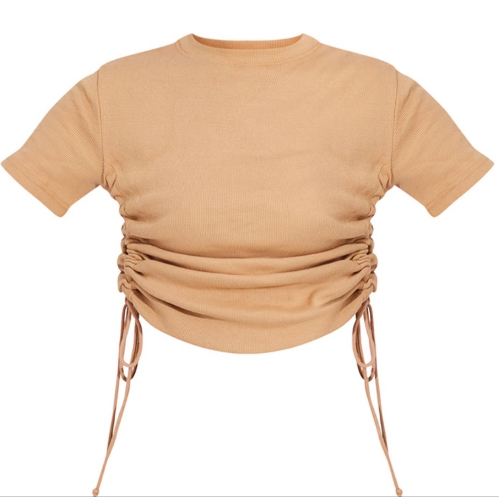 NWT PrettyLittleThing Camel Structured Rib Ruched Short Sleeve Top Women's US 8